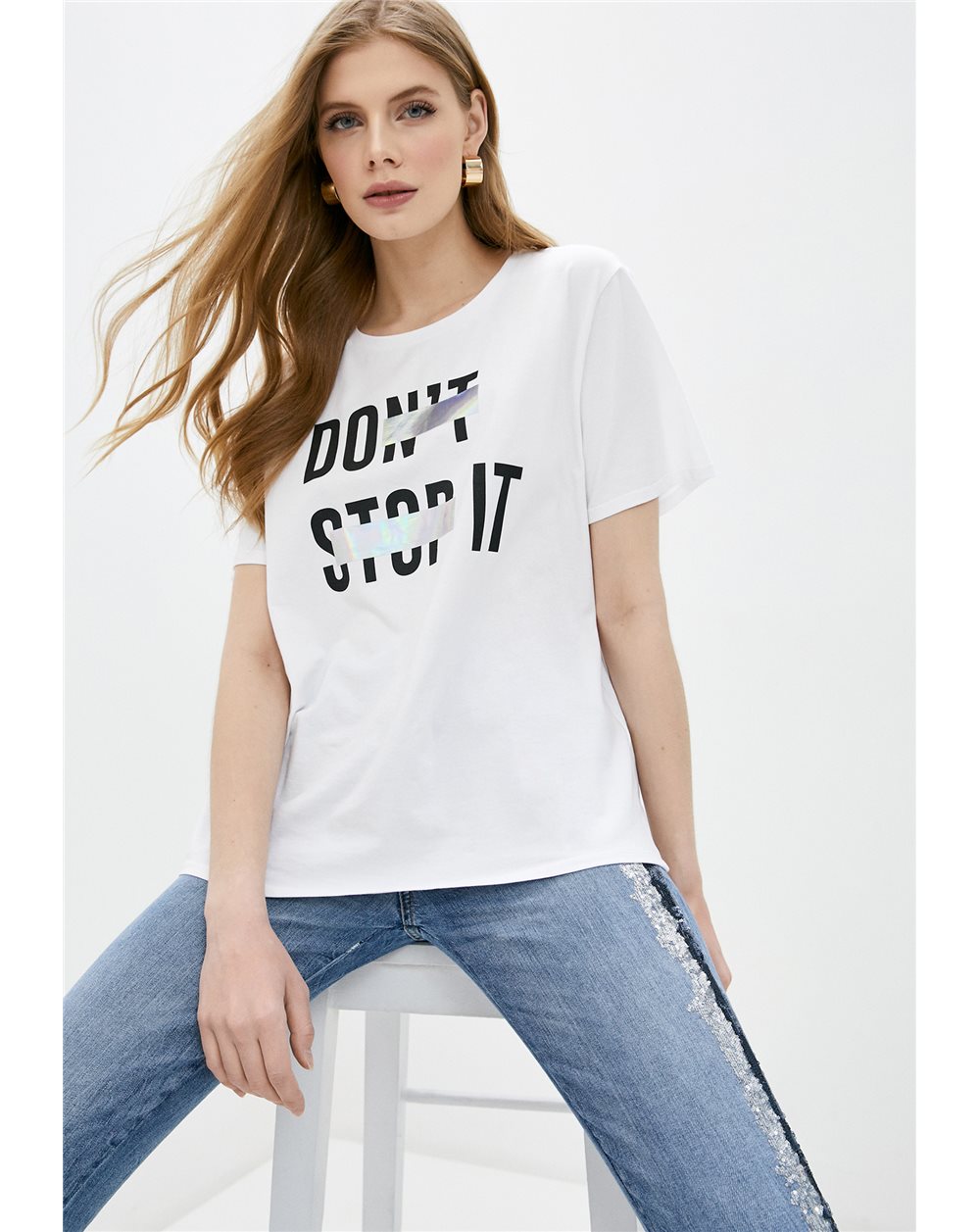 LIU-Jo t-shirt bianca con stampa don't stop it