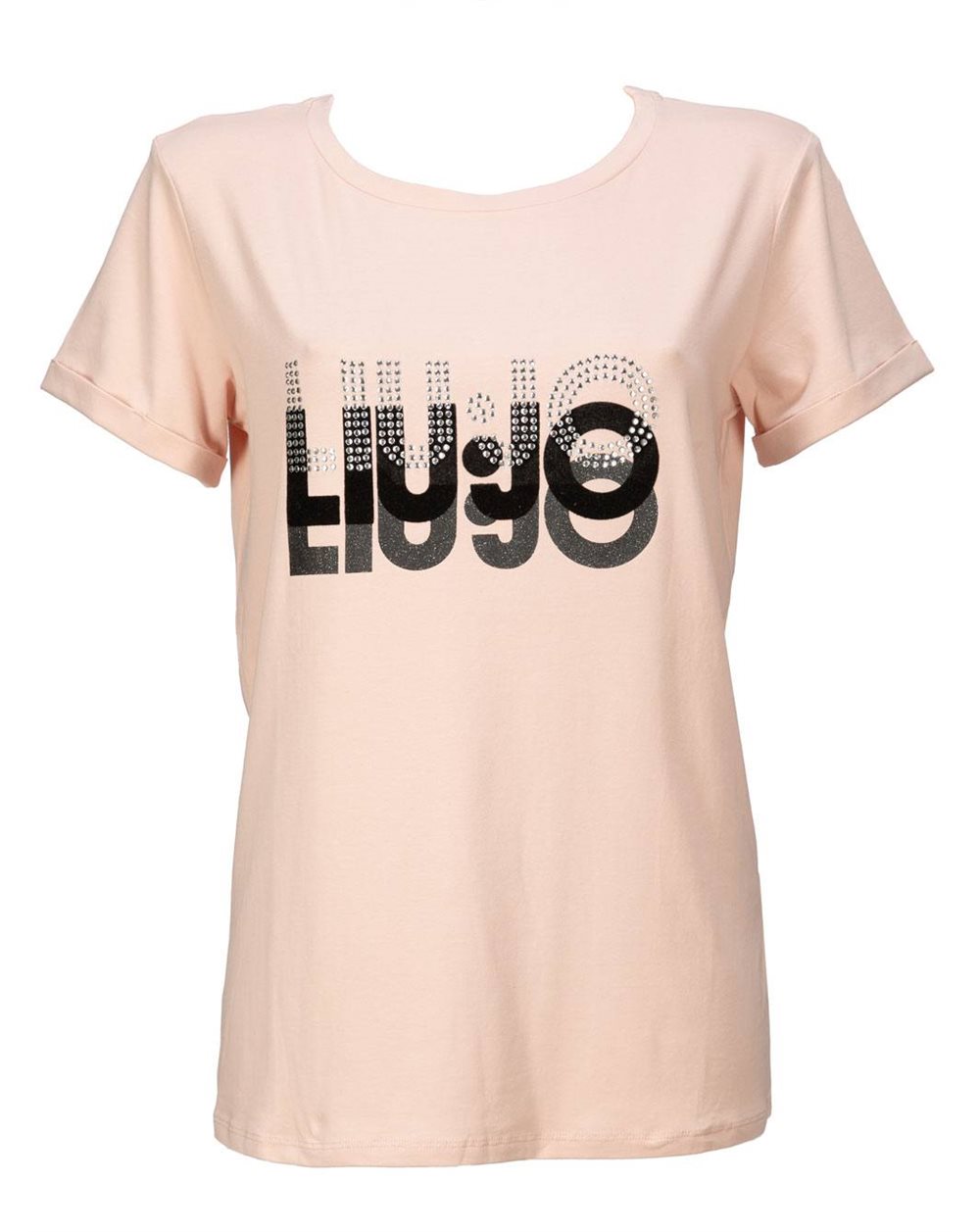 LIU-JO t-shirt a maniche lunghe rosa con logo nero e strass