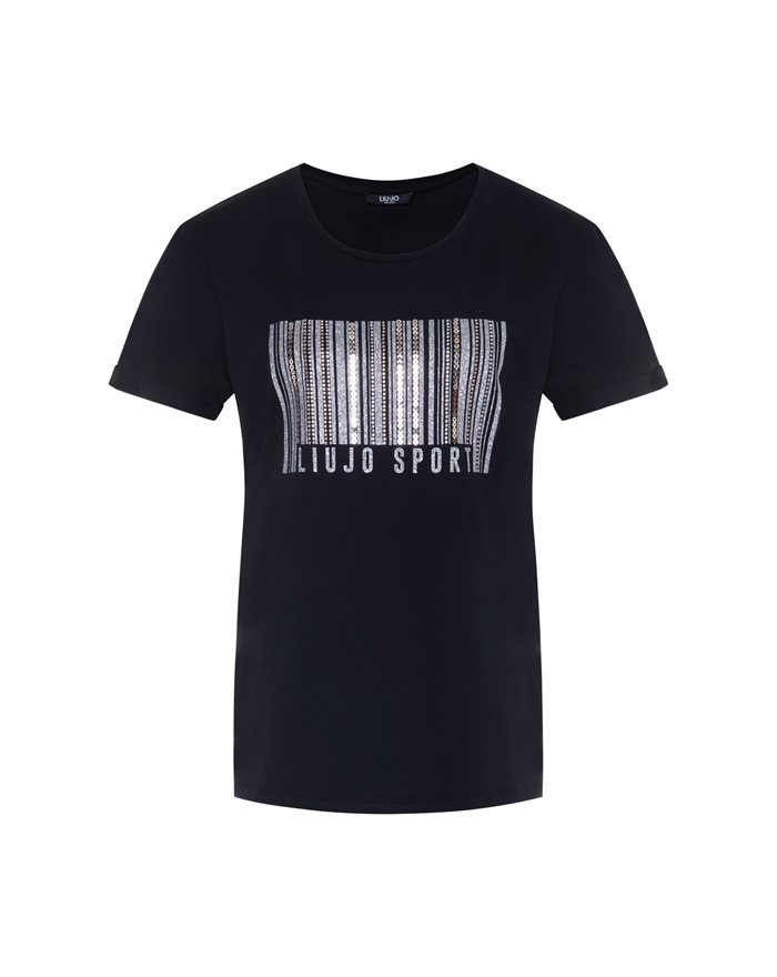 LIU-JO t-shirt nera in cotone con stampa argento