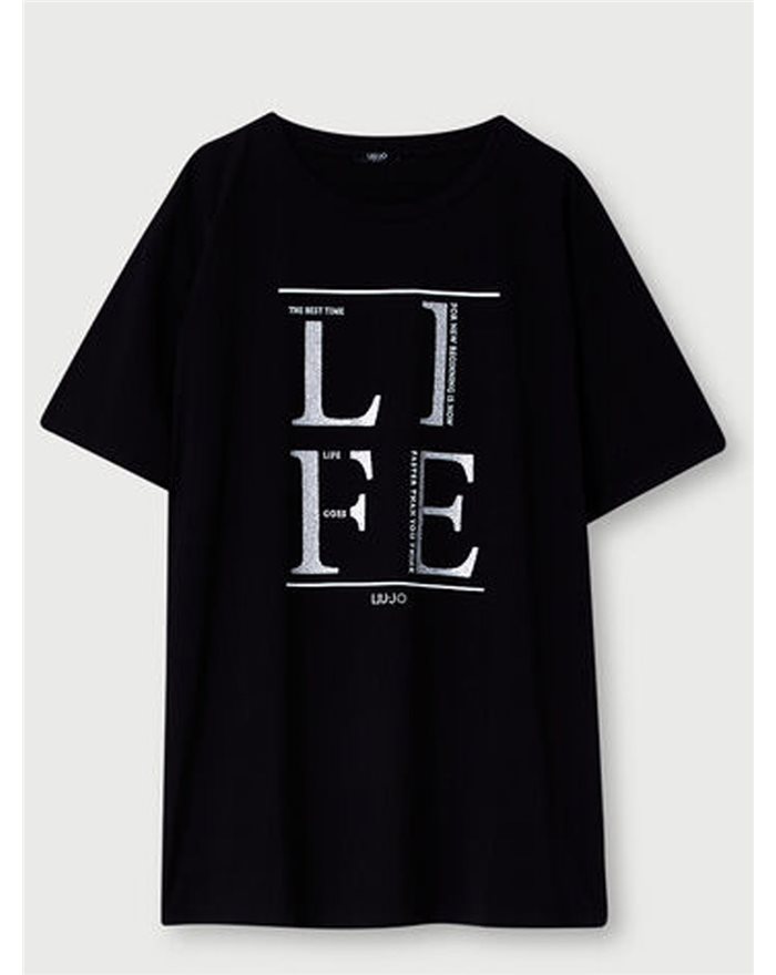 LIU-JO t-shirt nera in cotone con scritta Life in argento