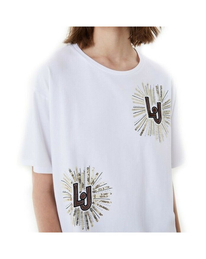LIU-JO t-shirt bianca in cotone con logo e paillettes