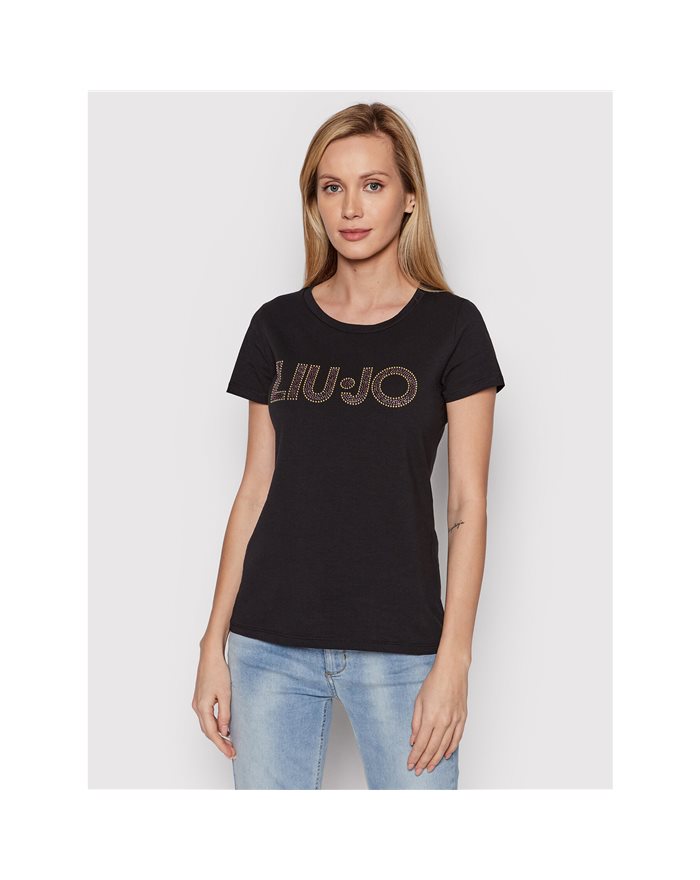 LIU-JO t-shirt donna nera in cotone con logo e zirconi