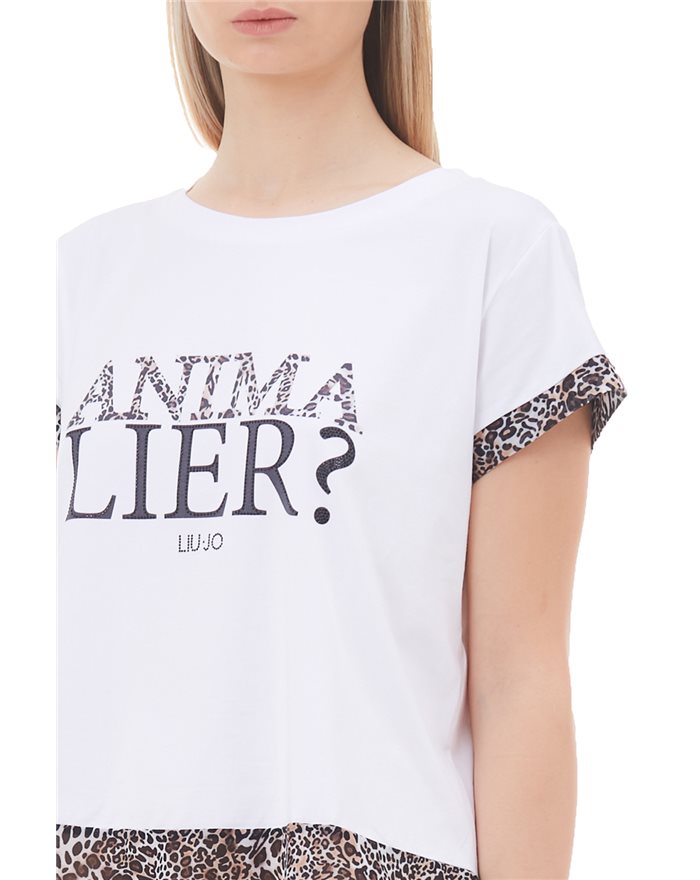 LIU-JO t-shirt bianca stampa Animalier? in cotone con dettagli leopardati