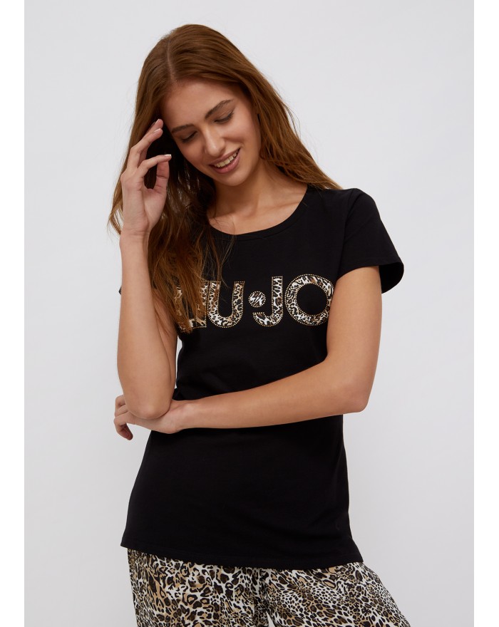 LIU-JO t-shirt donna nera con logo animalier e strass