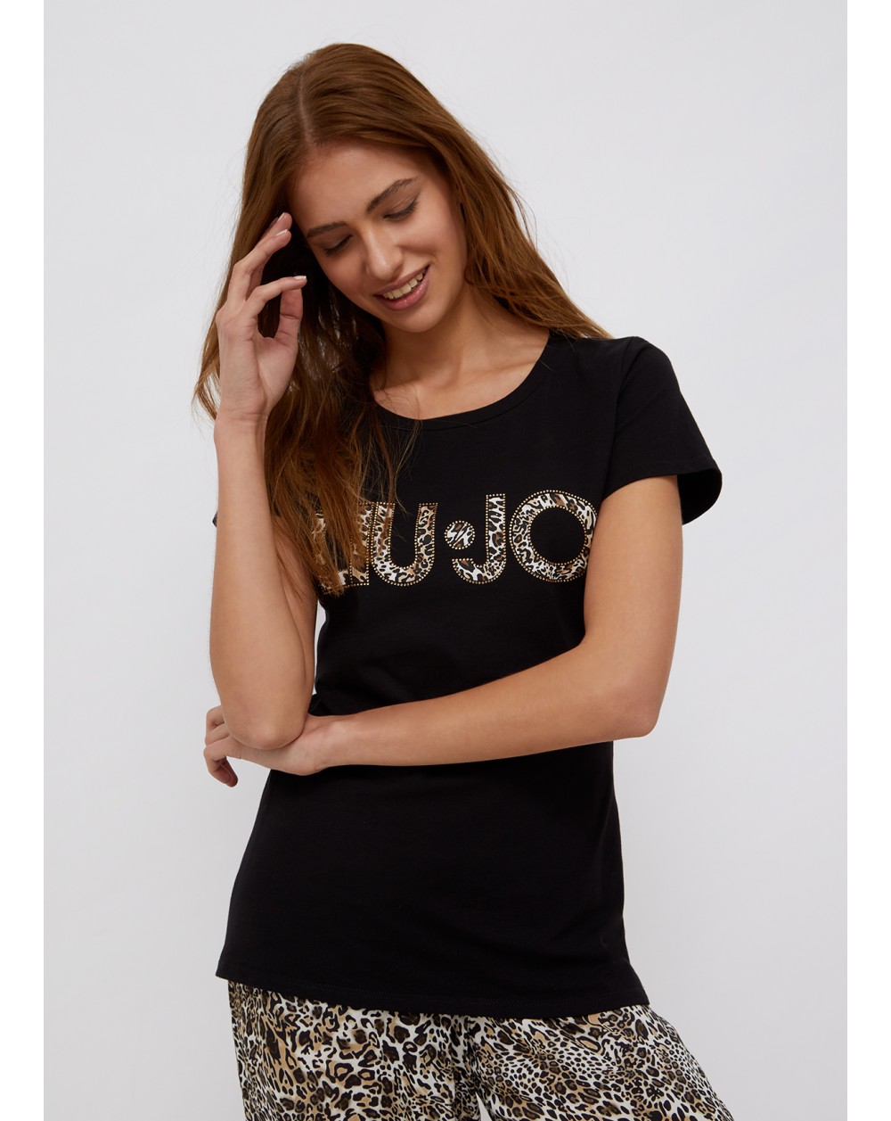 LIU-JO t-shirt donna a maniche corte nera con logo animalier e strass