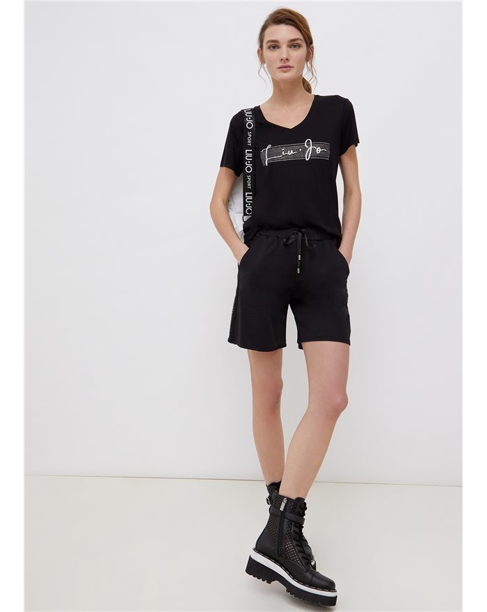 LIU-JO t-shirt donna nera con logo e strass