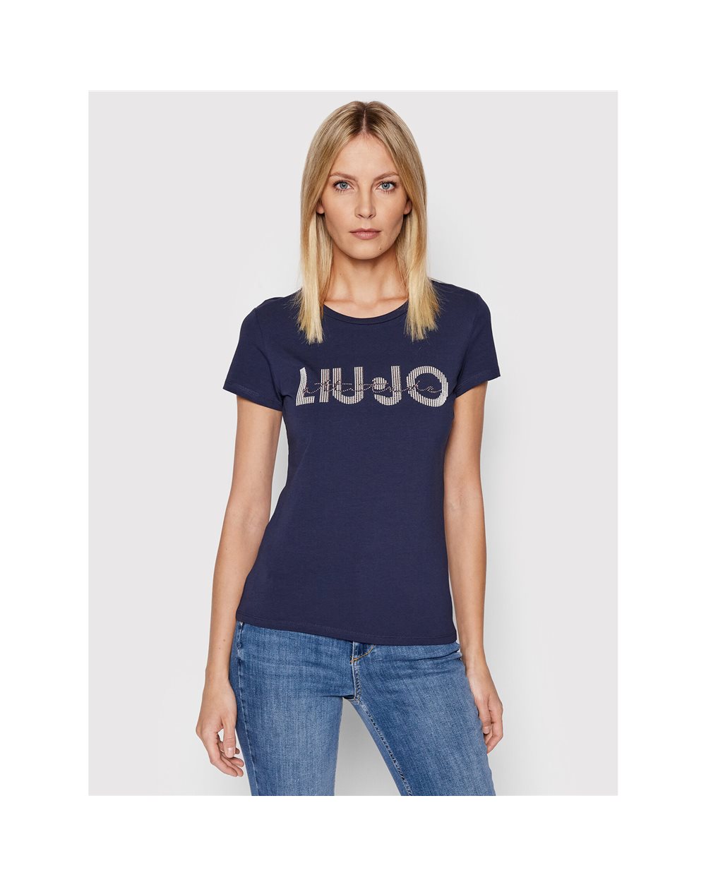 LIU-JO t-shirt donna BLU in cotone con stampa logo e zirconi
