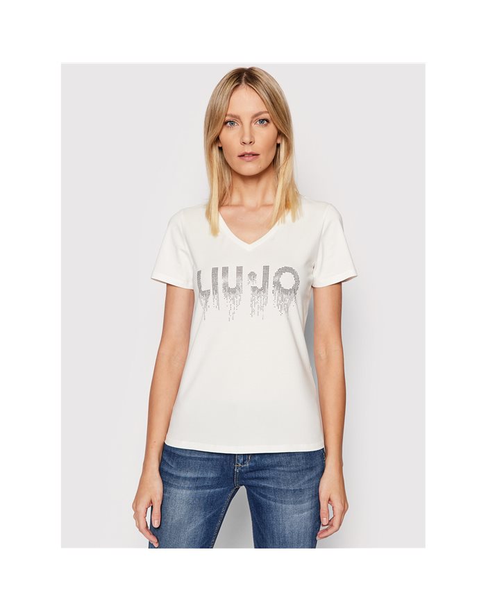 LIU-JO t-shirt donna in cotone bianco con logo e zirconi, scollo a V