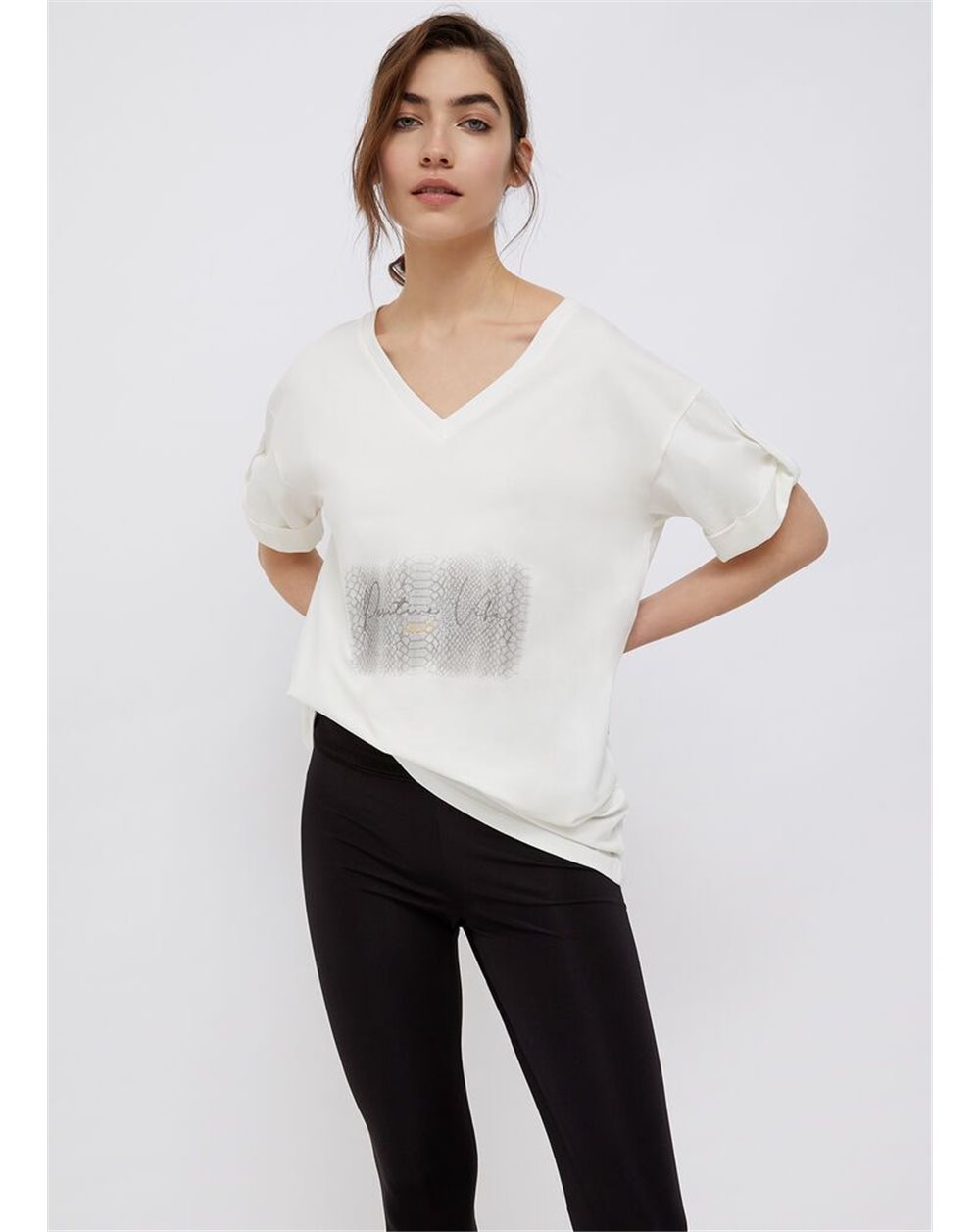 LIU-JO maxi t-shirt donna BIANCO in cotone con stampa grigia, scollo V