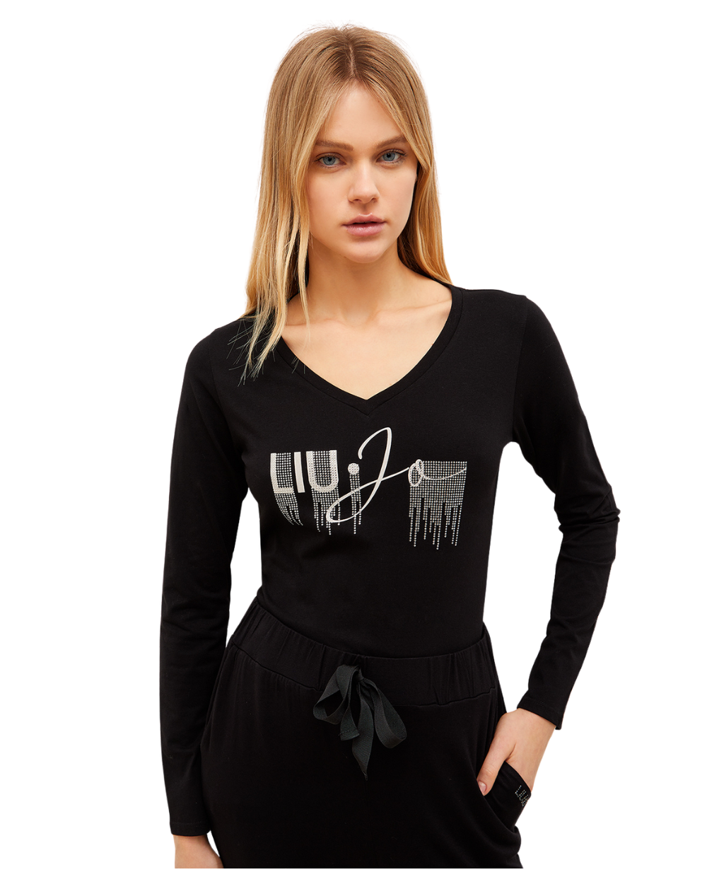 LIU-JO t-shirt donna a maniche lunghe NERA 100% cotone scollo a V