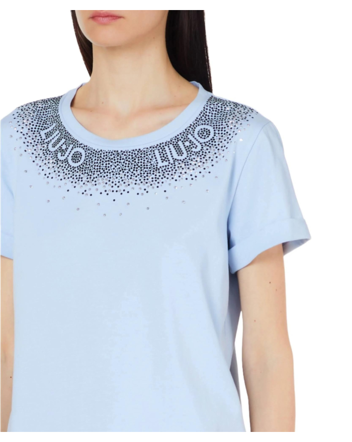 LIU-JO t-shirt in cotone stretch CELESTE scollo rotondo e strass