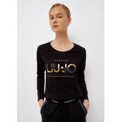 LIU-JO t-shirt nera in cotone maniche lunghe con stampa dorata