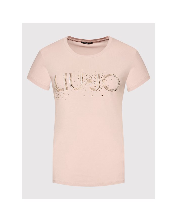 LIU-JO t-shirt donna in cotone, rosa con logo e strass