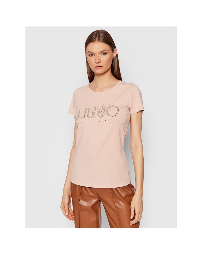 LIU-JO t-shirt donna in cotone, rosa con logo e strass